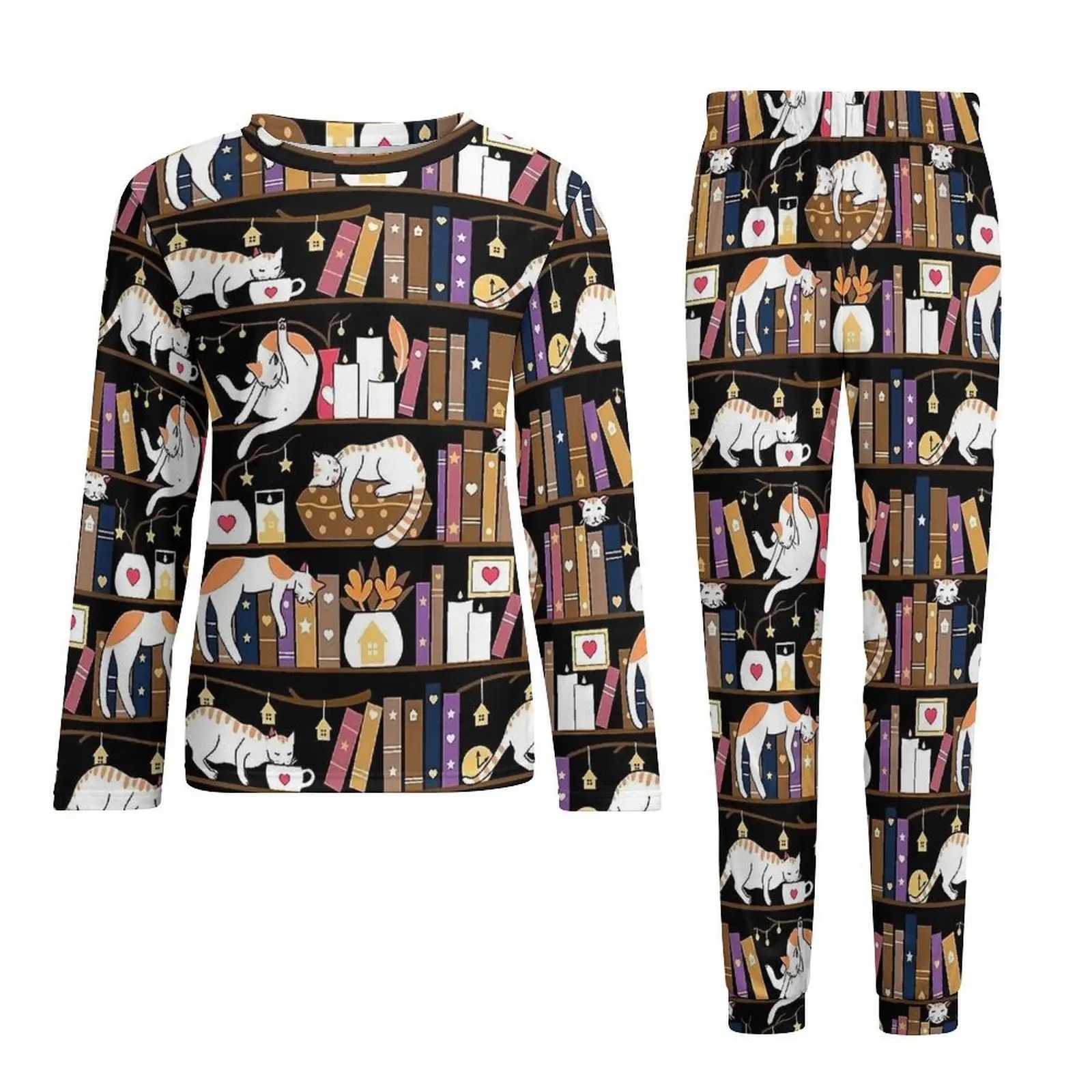 Cute Library Cat Pajamas Mens Lovely Nightwear Autumn Long-Sleeve 2 Pieces Casual Pattern Pajamas Set Big Size 4XL 5XLXJ241227
