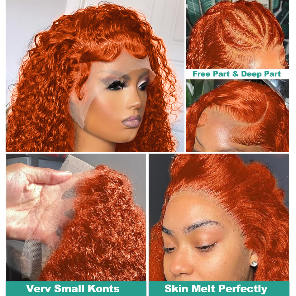 40 Inch Ginger Orange Deep Wave Human Hair 13X6 HD Transparent Frontal Wig 220 Density Curly Colored Lace Front Wigs