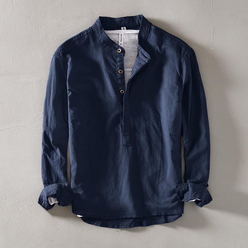 M12263 Men's cotton and linen tops casual shirt Korean style slim fit solid color stand collar