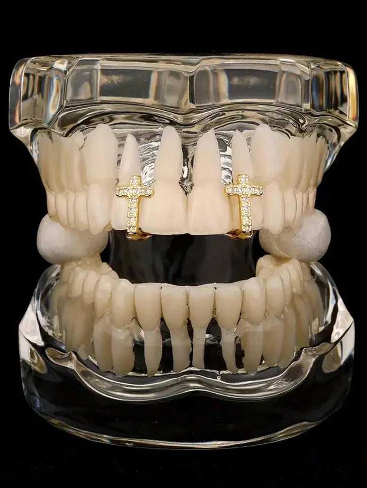 1pc new hip-hop 18k gold-plated elegant and fashionable braces personzed micro set crystal zircon cross single tooth braces W241227