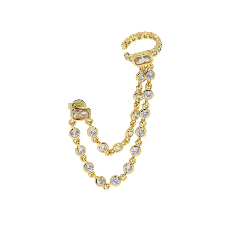 1pc Double Piercing 2 Hole Tassel Chain Mini Cz Hoop Earring Bling Cz Tennis Chain Clip on Earring Cuff Fashion Women Jewelry 241227