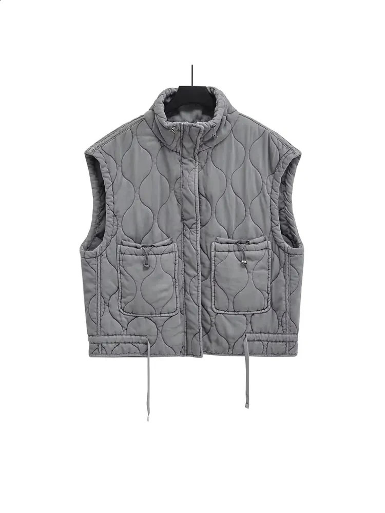 TRAF 2024 Spring Womens Patch Pocket Standup Collar Sleeveless Padded Vest Coat Warm Cotton Tank Female 241220
