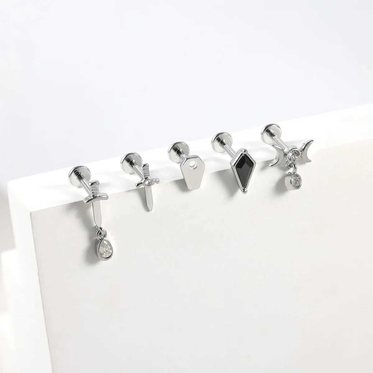 1pc Stainless Steel Rhinestone Lip Stud Crescent Pendant Cross Spider Fan Cartilage Ear Tragus Piercing Jewelry W241227