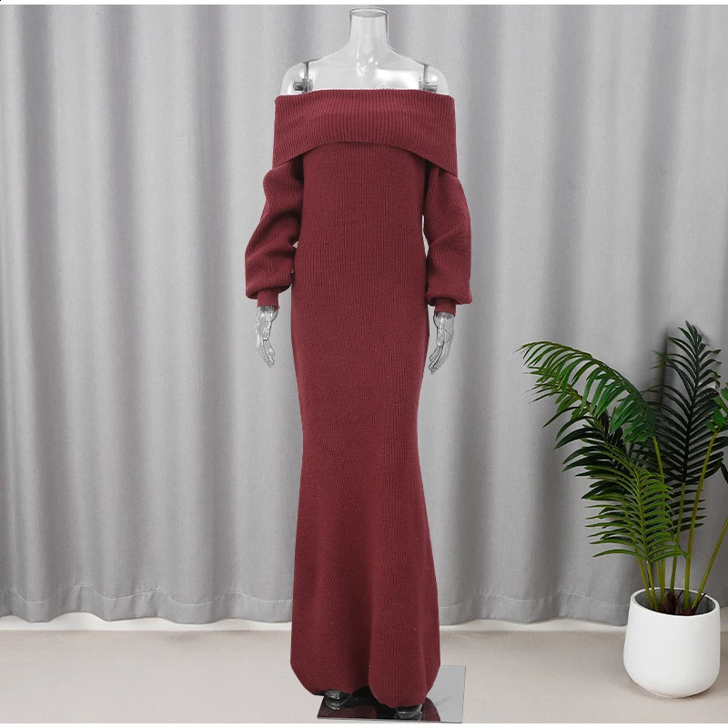 Women Burgundy Knitted Long Sweater Fashion Offtheshoulder Pullover Dress Fall Winter Female Party Outfit 241218