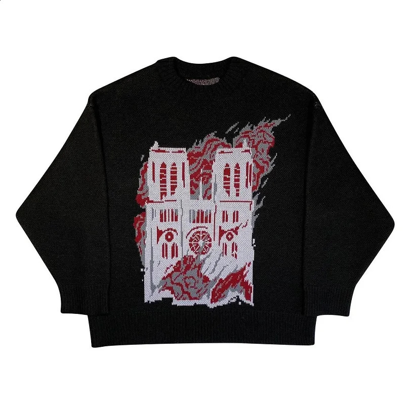 Womens Y2k Harajuku Abstract Architecture Pattern American ONeck Pullover Unisex Sweater Knitted WarmLoose Oversized Sweatshirt 241223