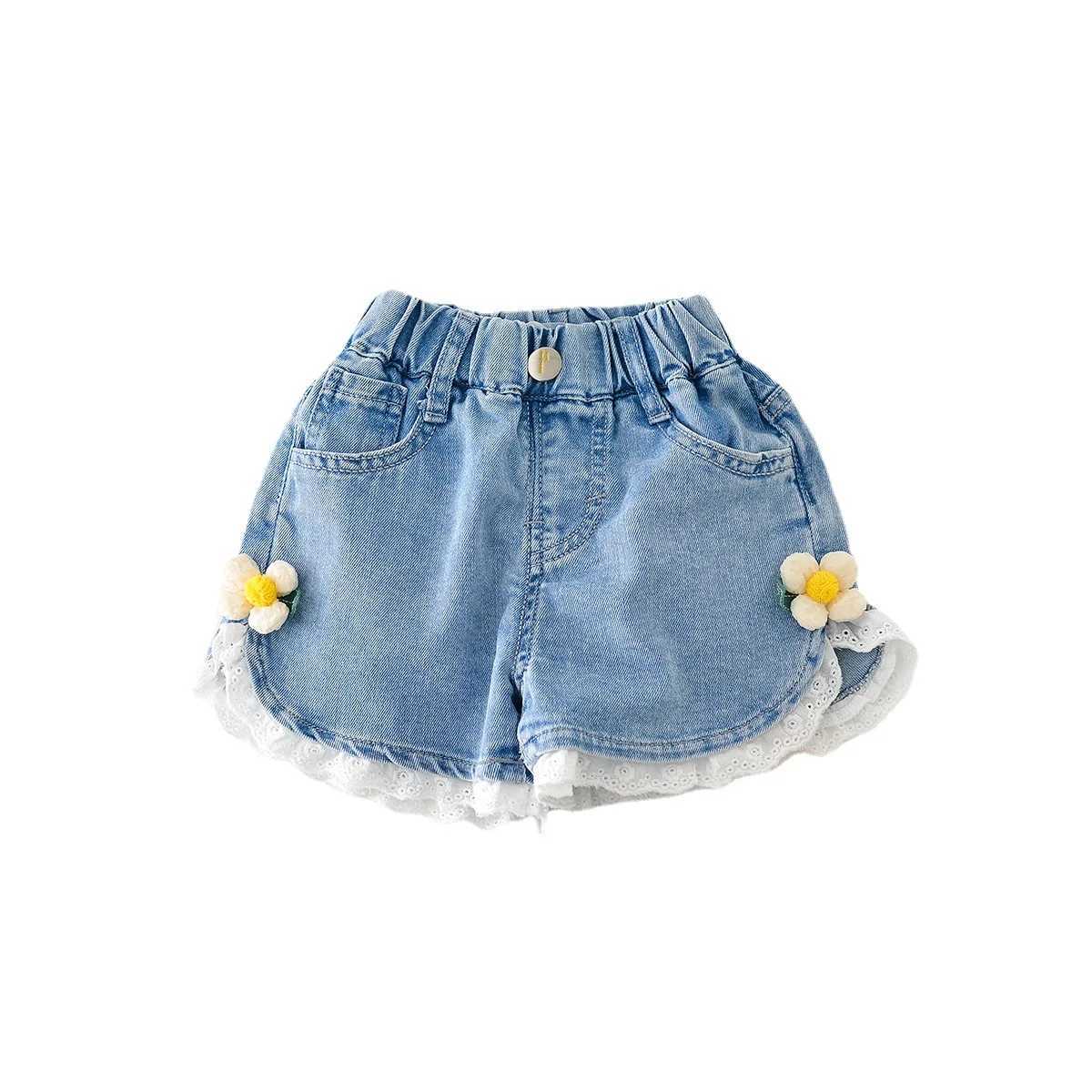 2-8Years Old Girls Denim Shorts Summer Elastic Waist Lace Flower Thin Denim Hot Pants Kids Jean Shorts Childrens Wear Clothes W241227