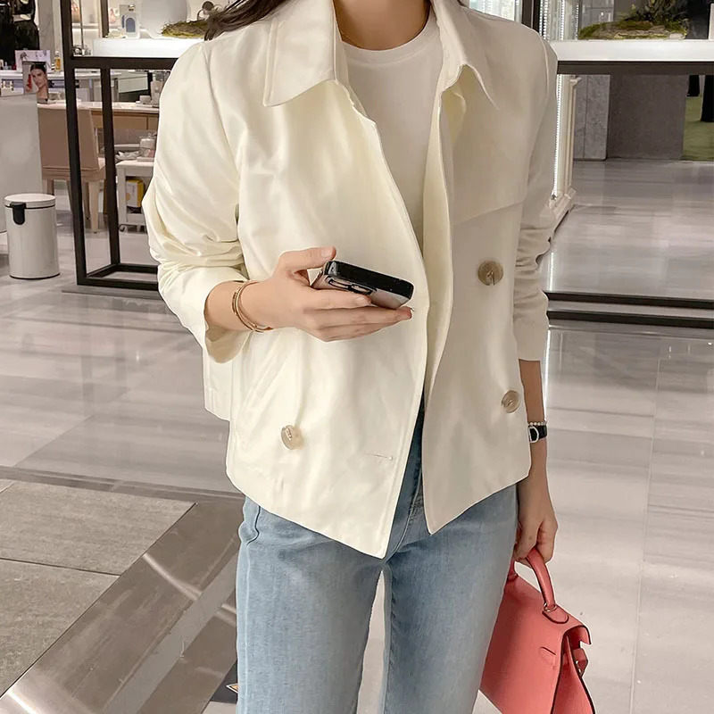 Lucyever Vintage Simple Short Trench Coat Women Fashion Streetwear Double-Breasted Jackets Woman Solid Loose All-Match Outerwear 241226