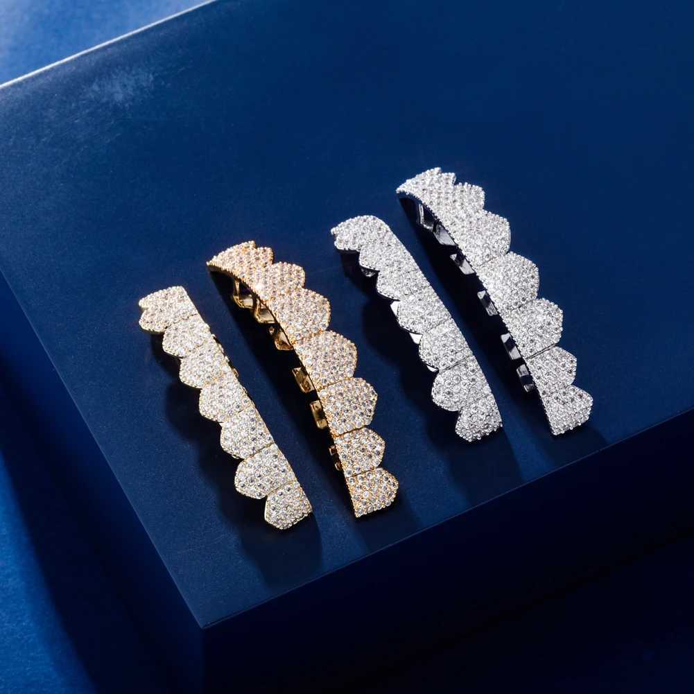 TOPGRILLZ Fit Gold Silver Color d Out Hip Hop Teeth Grillz Micro Pave Cubic Zircon Top Bottom Teeth Grills Set W241227