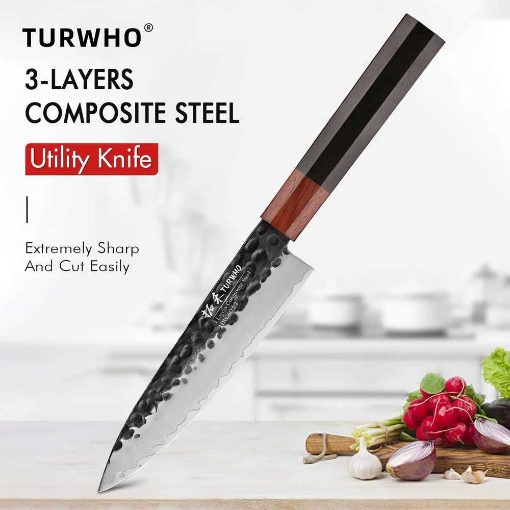 TURWHO 5.5-inch hand forged kitchen utility knife 3-layer Cposite steel vegetable meat fruit and side dish professional chef knife Y241227