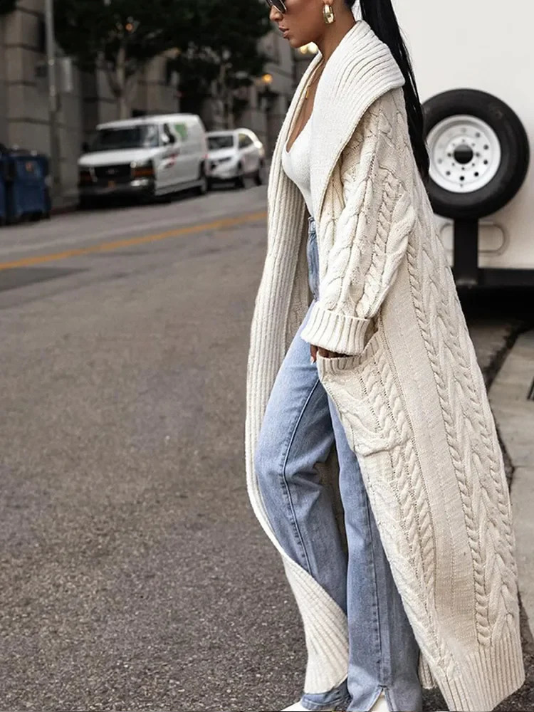 Fall Winter Women Solid Knitted Long Cardigan Fashion Large Lapel Full Sleeve Female Pockets Sweater Lady Commuting Outwears 241225
