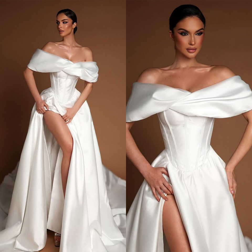 Elegant Simple A-line Wedding Dresses Off Shoulder Sleeveless Court Gown Custom Made Sweep Train Plus Size Bridal Party Dresses Vestidos De Novia