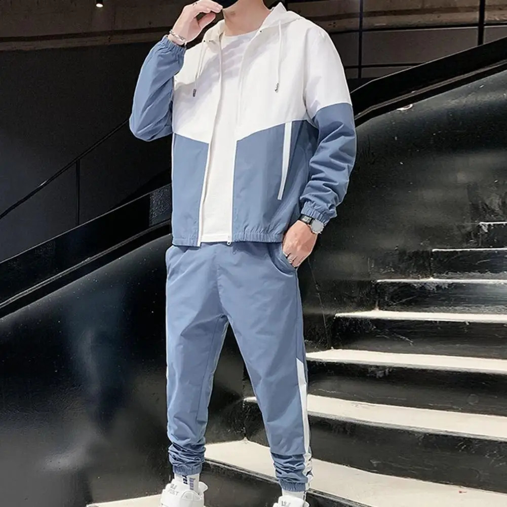 Men Coat Pants Set Men Jacket Trousers Set Colorful Mens Sportswear Set with Hooded Zipper Coat Elastic Waist for Spring 241225