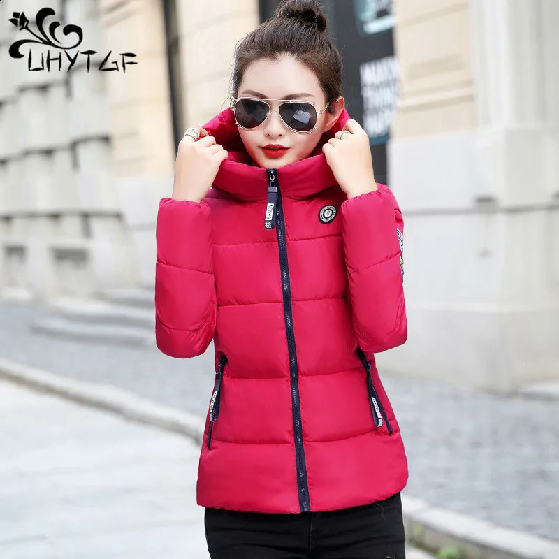 UHYTGF Winter Jackets For Women 2024 Parkas Hooded Thick Warm Cotton Short Jacket Womens Basic Down Coat Outerwear 5XL 1058 241226