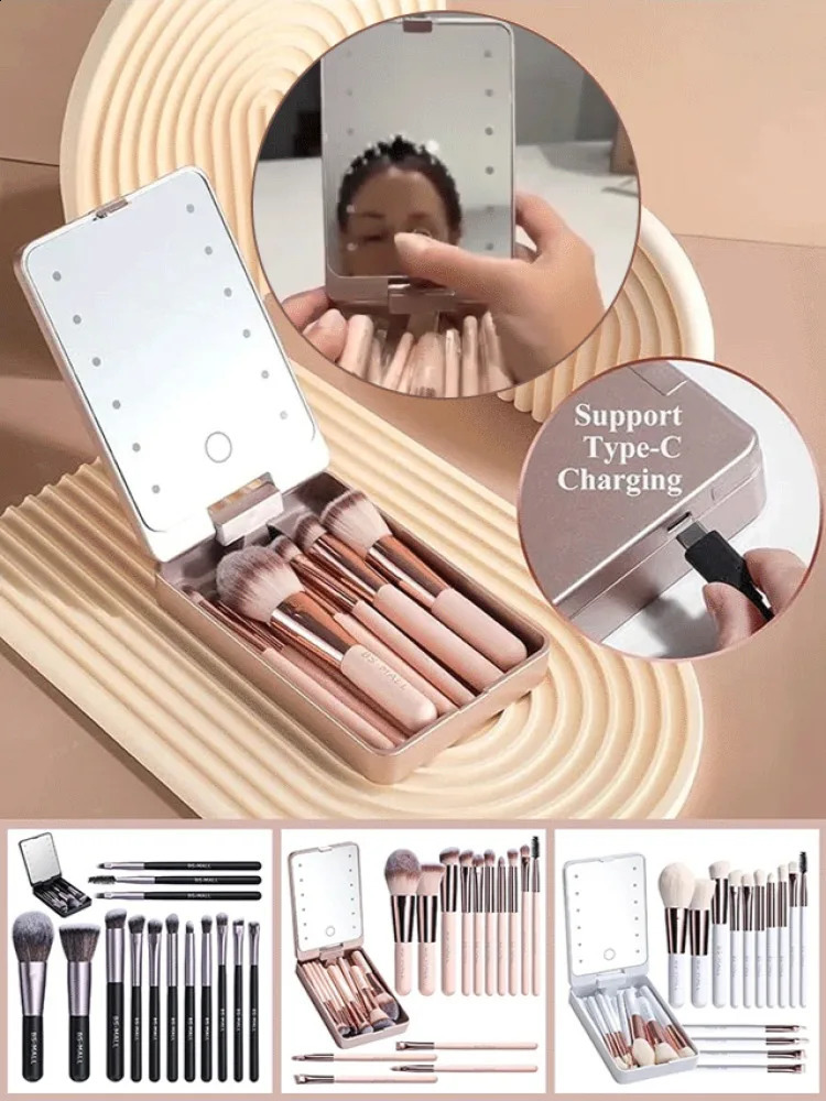 Makeup Mirror Set with Lid Dustproof Organizer Lighted Makeup Brush Set Mirror for Bloggers 241223