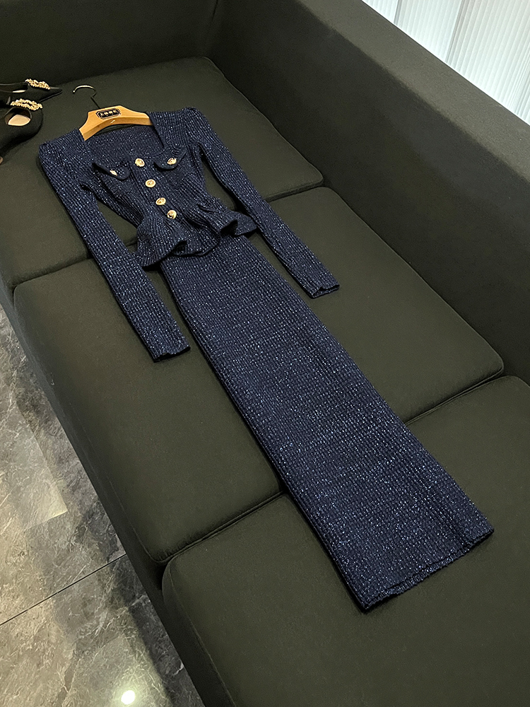 2025 Spring Blue Solid Color Panelled Knitted Dress White Long Sleeve Square Neck Buttons Single-Breasted Casual Dresses Y4D271001 Check Size Chart Please