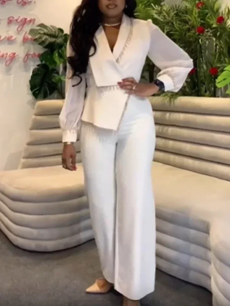AOMEI Elegant Womens Polo Bubble Sleeve Loose Wide Leg Pants Autumn/Winter OL Office Womens Party Jumpsuit 241224