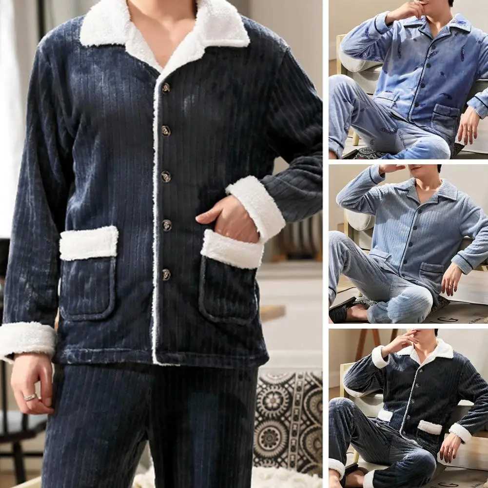 Loungewear Set Mens Winter Pajamas Set with Lapel Striped Top Elastic Waist Pants Thick Warm Soft Homewear with Pockets for MenXJ241227
