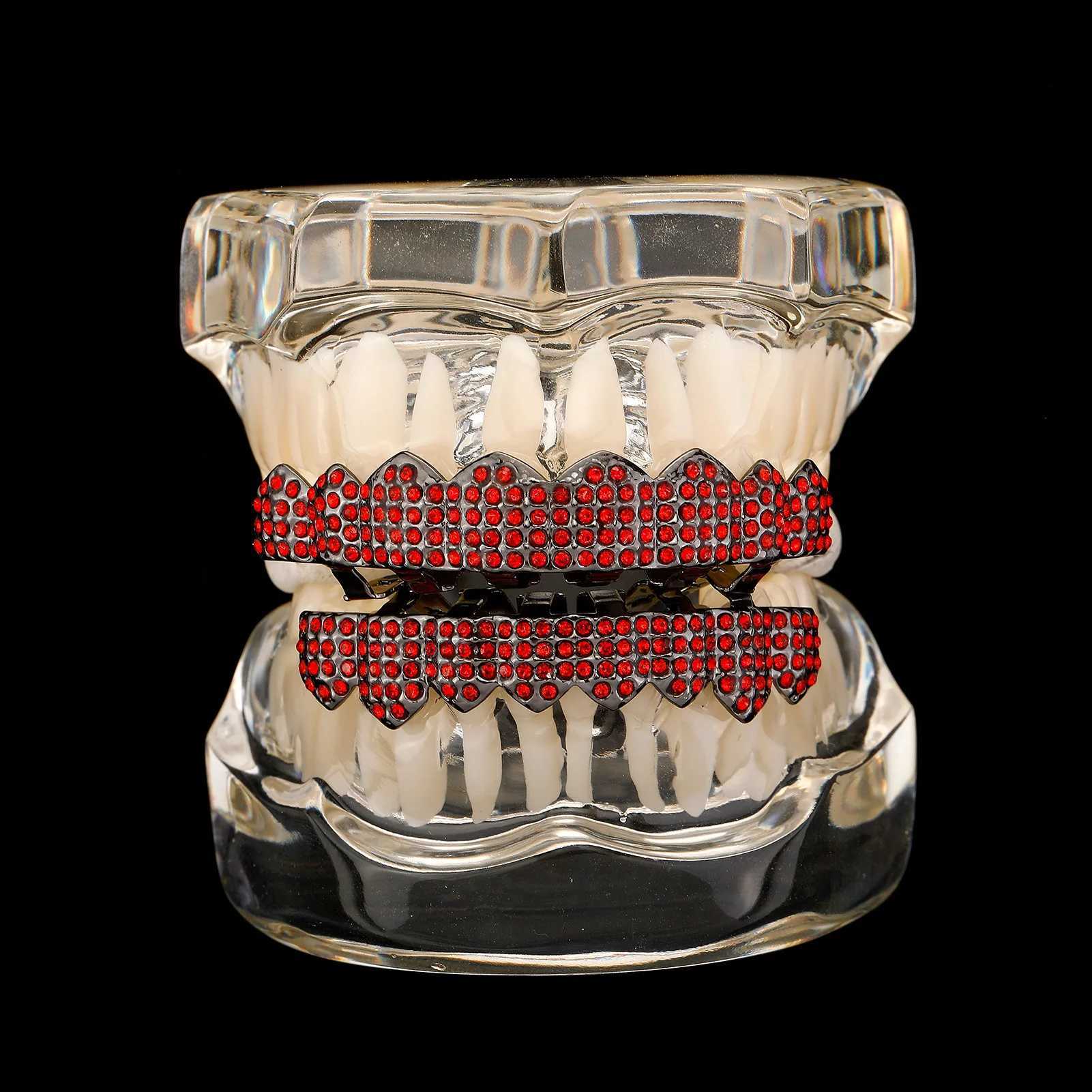 RACHELZ Y2K Gothic Cross Red Zircon Teeth Grillz Black Color CZ Stone Tooth Cs For Women Men Jewelry Halloween Gift W241227