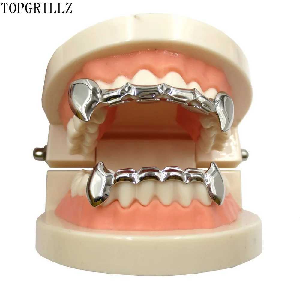TOPGRILLZ Gold Fang Grillz Set Gold Color Plated Half Teeth Dracula Vampire Slim Grills Gold Top Bottom Sets Hiphop Gold grillz W241227