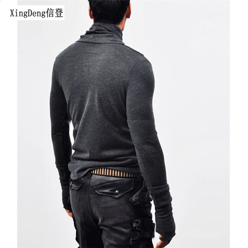 XingDeng men turtleneck mittens long sleeve T-shirt Men fashion casual tee gloves male slim fit punk costume clothing top coats 241223bj