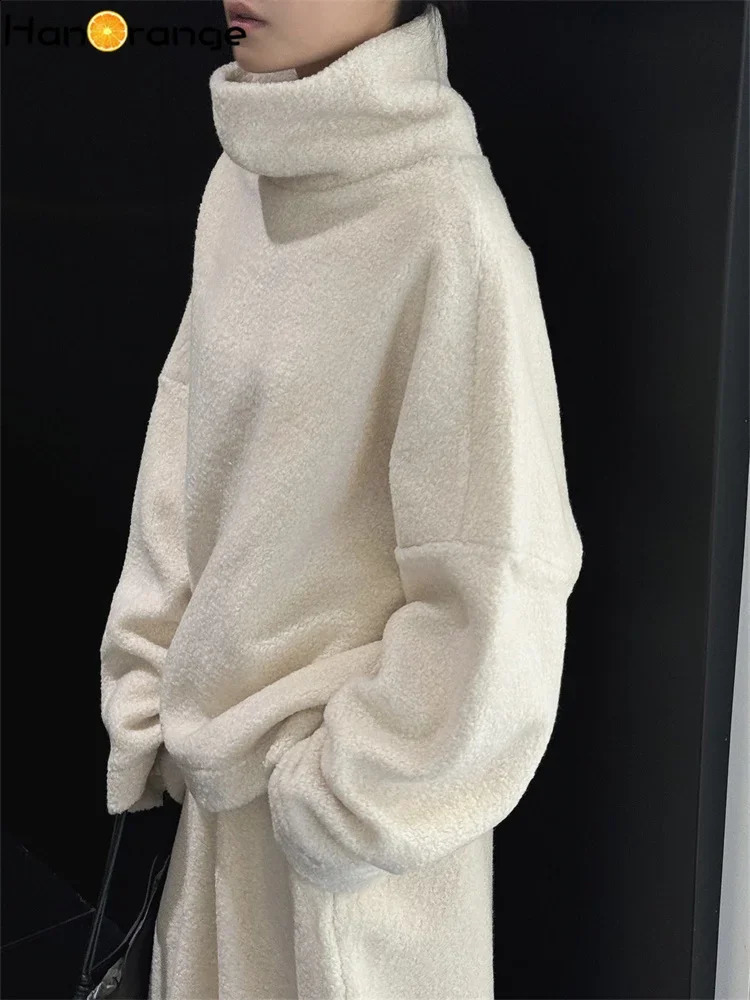 HanOrange 2024 Winter Fashion Turtleneck Lambshair Sweatshirt Women Comfortable Warm Loose Wool Top Off WhiteBlack 241223
