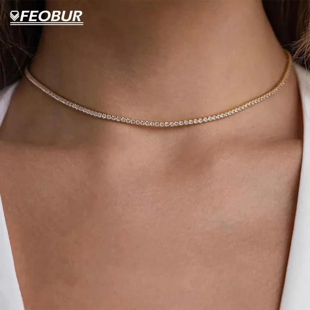 FEOBUR 2mm D Color Tennis Choker Necklace for Women S925 Silver Plated 18K Gold Adjustable Full Diamond Neck Chain 241226