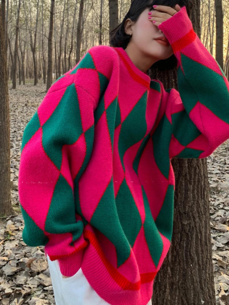 Autumn Winter Women Oversize Pullovers Casual Oneck Loose Sweater Knitted Pullover Streetwear Plaid for Coats 241223