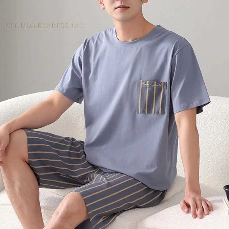 Summer Plus 7XL Knitted Pjs Short Sleeved Men Pajama Sets Male Pajamas Plaid Loungewear For Masculine Sleepwear Homewear FashionXJ241227
