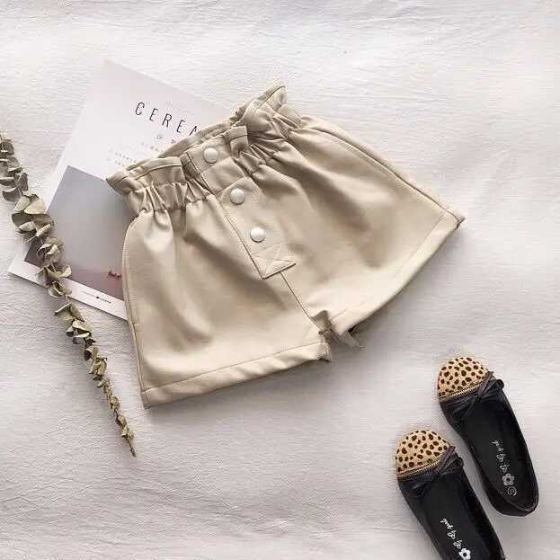 100-160cm Winter Girls Thick Wool Pu Leather Shorts Baby Children Fashion Two tone W241227