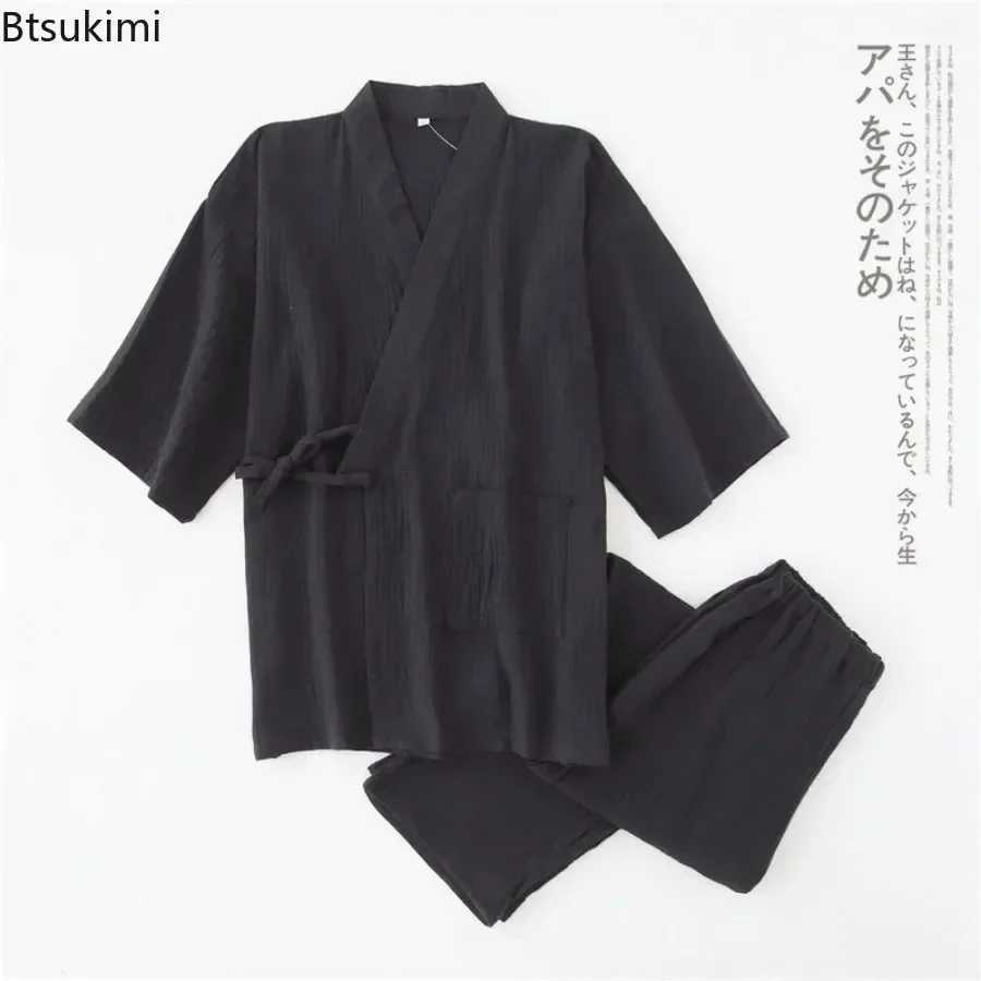 2025 Japanese Kimono Mens Solid Pajamas Two-pieces Simple Cotton Crepe Cloth Plus Size Lace-up Tops Trousers Home Service SetsXJ241227