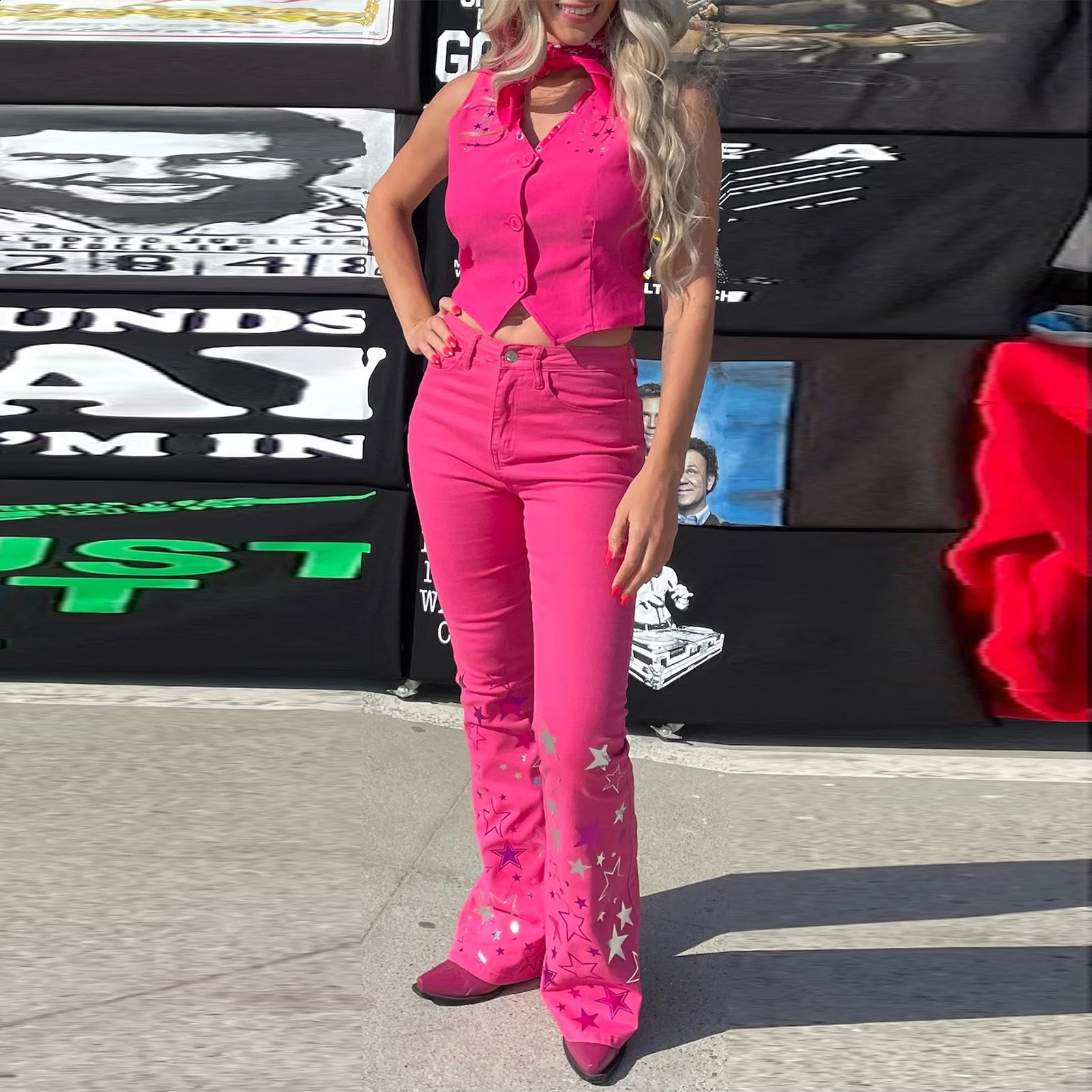 Movie Pink Costume Starry Top Pants Pink Set for Ladies Halloween Birthday Party Princess Dress Costume 241224