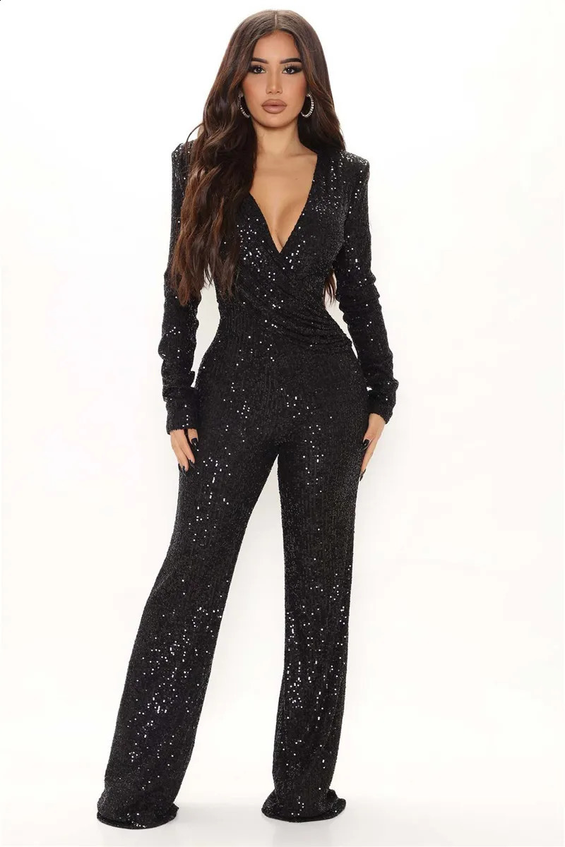 Fashion Sequins Jumpsuit For Women Long Sleeve V Neck Draped Autumn Winter Rompers Celebrity Evening Party Club Overall 241224