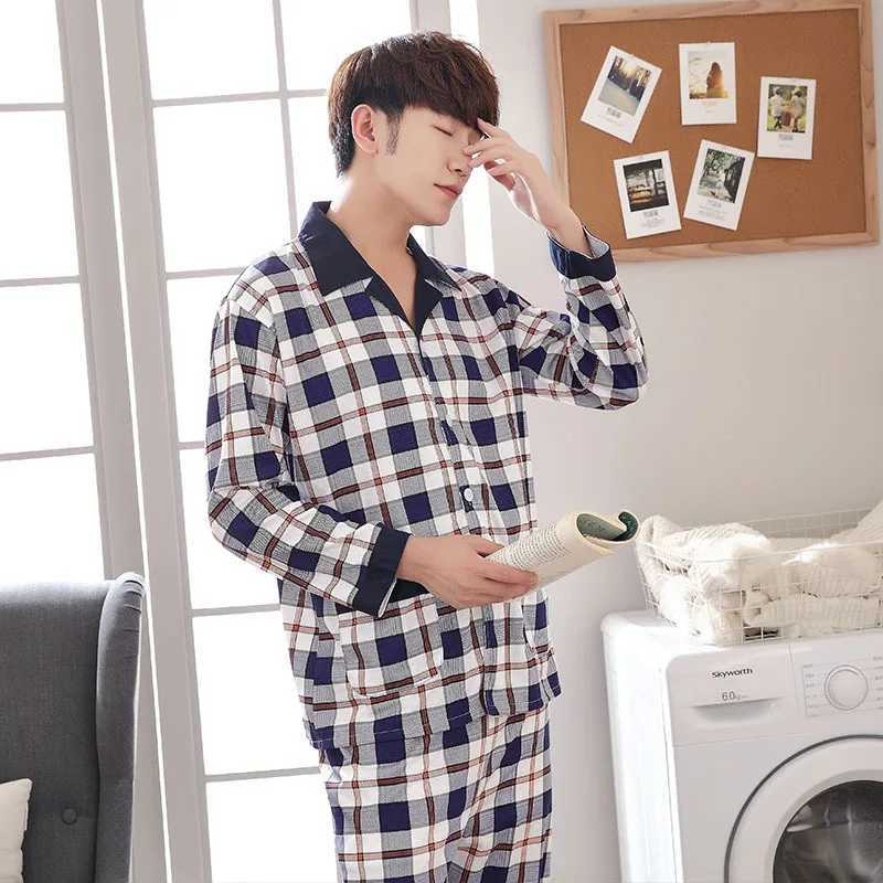 Large Size Warm Sleepwear for Winter Pajamas Mens Long-Sleeved Youth Home Wear 2PCS Set Cartoon Bear Plaid Simple LoungewearXJ241227
