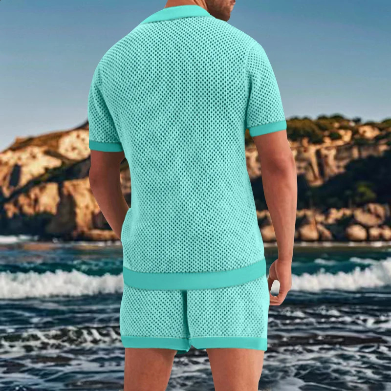 Seaside Beach Sexy Two Piece Sets Mens Fashion Hollow Out Breathable Mesh Shirts And Shorts Suits Men Daily Leisure Mesh Outfits 241226