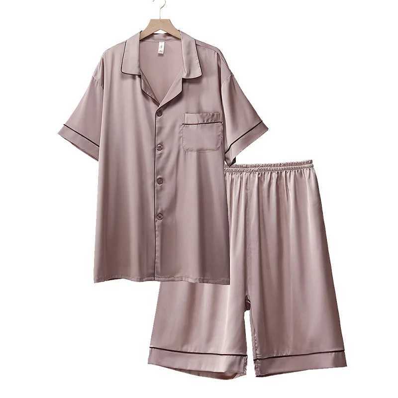 Summer Mens Pajamas Suit Short Sleeve Ice Silk Sleepwear Set Thin Loose Satin Solid Two Piece Home Night Clothing Male TeenXJ241227