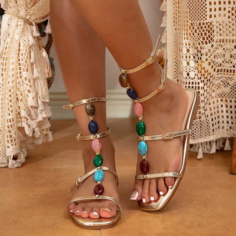 High Quality Likes Bohemian Style Casual Gladiator Sandals Women Summer Fashion Colour Gem Strap Open Toe Flat Shoes Roma Sandals For Women T241227