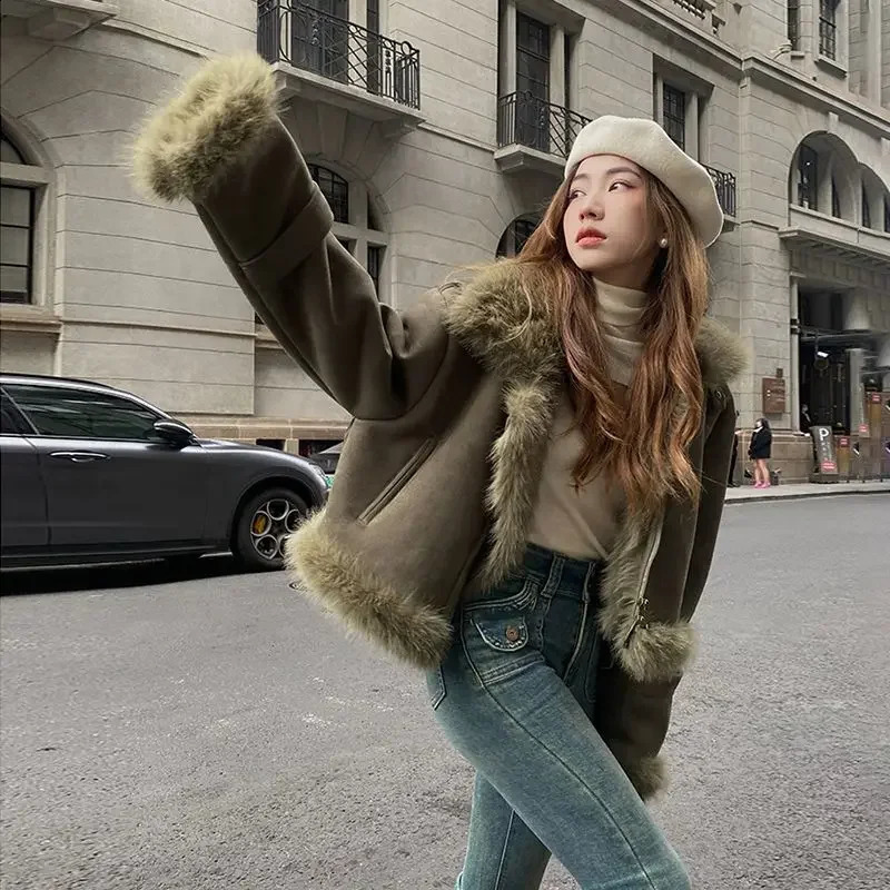 Fur Coat Suede Short Motorcycle Wear Jacket Clothing Korean Fashion Casual Winter Tops 241223