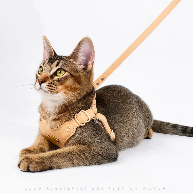 leather cat harness leash set Soft leather bowknot cat collar adjustable outdoor pet traction rope metal buckle pet vest 241225