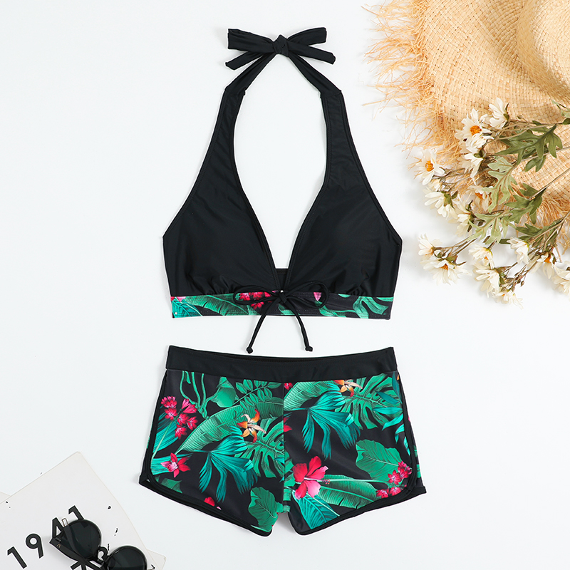 Stylish Women Halter Bikinis Set High Waist Shorts Swimsuit Padded Deep V-Neck Bikini Push-up Swimwear Ladies Printing Bathing Suits Boyshorts Beach W