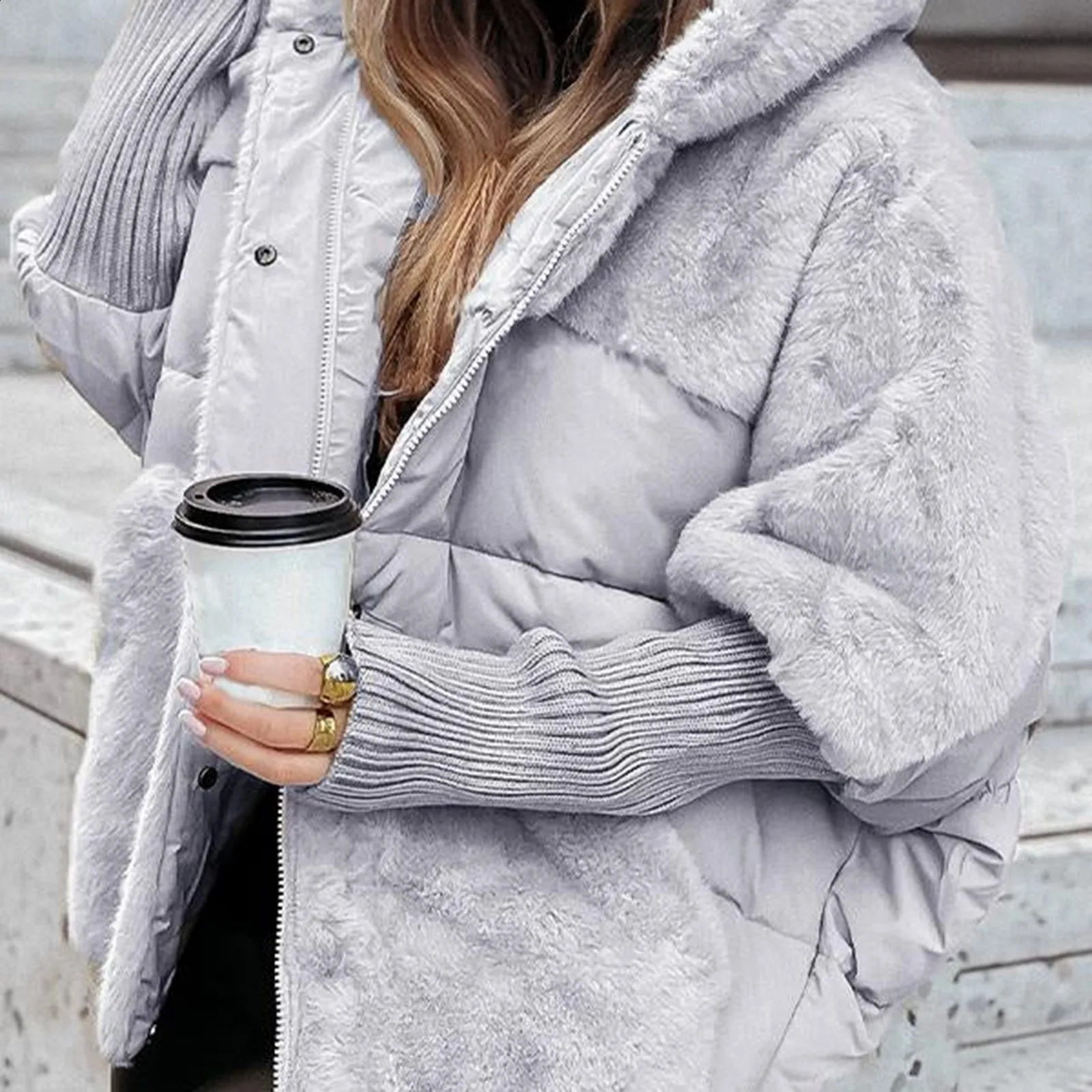Womens Loose Cotton Coat Faux Fur Patchwork Winter Comfort Chic Long Sleeve Hooded Jacket Female Outwear Overcoat 241223