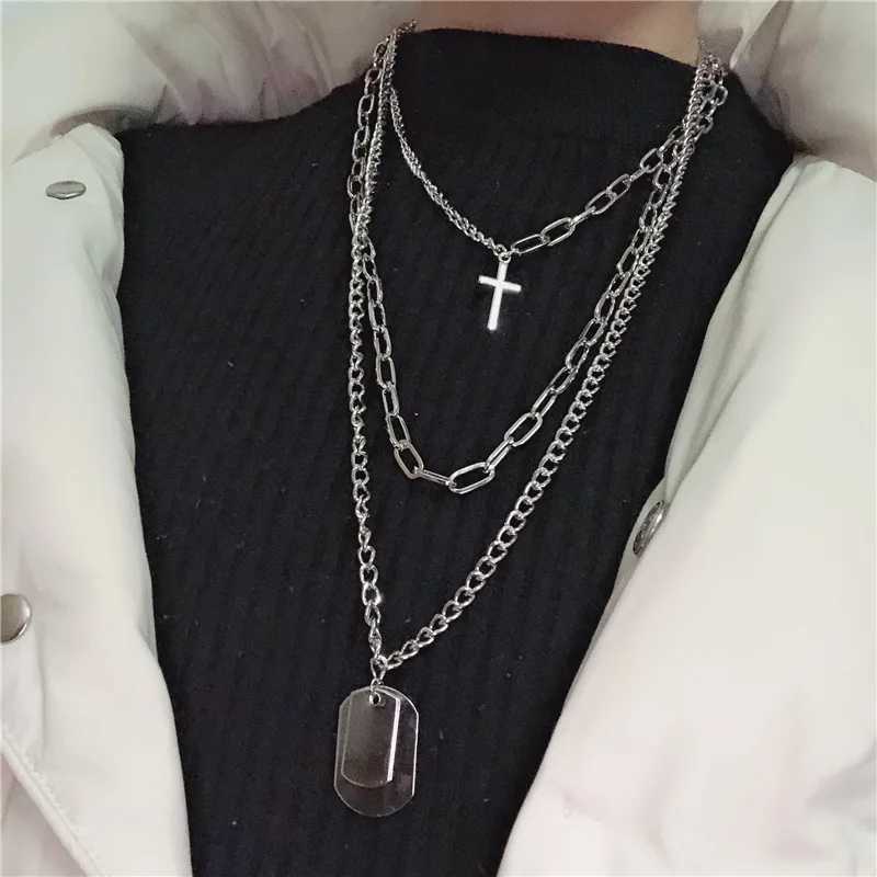 2021 Fashion Multilayer Silver Color Metal Chain Cross Necklace Couple Hip Hop Punk Geometric Pendant Necklaces for Women MenXJ241227