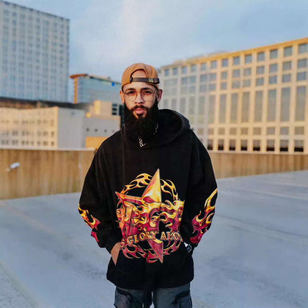 American fashion trend new flame print hip-hop loose fitting men's and women's couple hoodie