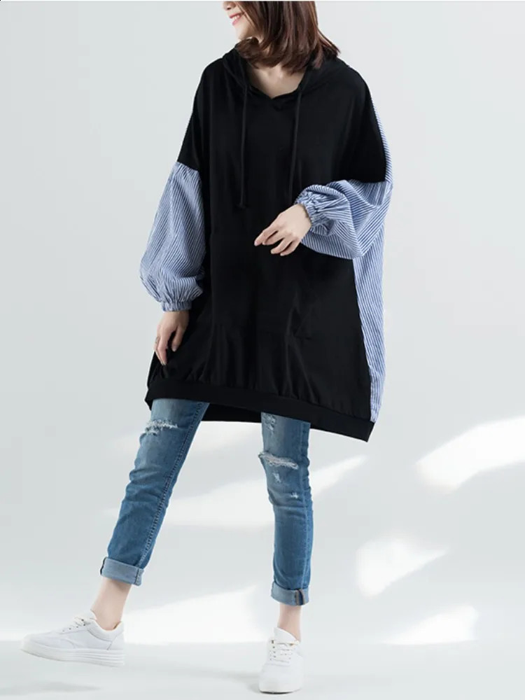 Oversized Striped Patchwork Hooded Women Casual Sweatshirt Loose Ladies Tops Fashion Autumn Woman Black Hoodies 241223