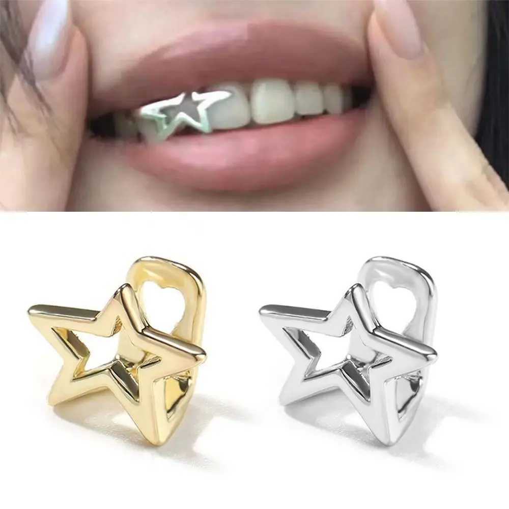 Copper Hip Hop Teeth Grillz Silver Color Irregular Hollow Pentagram Star Tooth Cs Punk Gangsta Top Bottom Grillz W241227