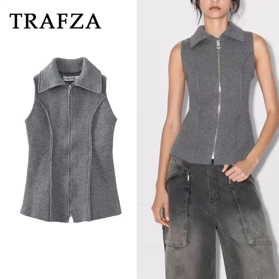 TRAFZA 2023 Women Autumn High Street Sleeveless Knitted Vests Fashion Casual Winter Solid Ruched Turndown Collar Zippers Coats 241220