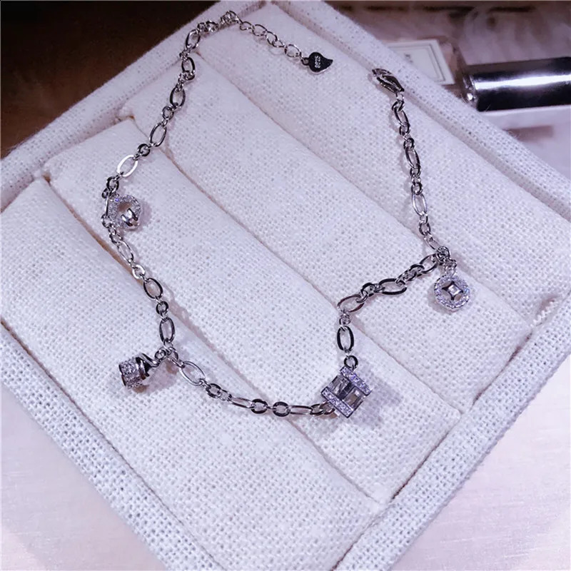 Fashion Quality Sparkling Zircon Decorative Real 925 Sterling Silver Women Letter Anklet Statement Bracelet 241226