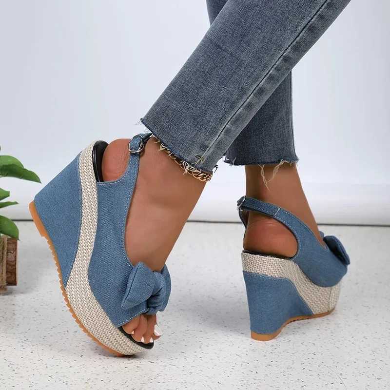 High Quality Fashion Bowknot Wedge Heel Sandals for Women Denim Peep Toe Chunky Platform Sandals Women Back Strap High Heel Gladiator Shoes T241227