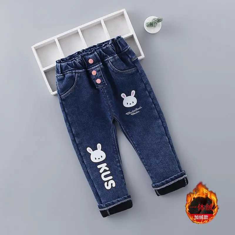 New winter baby girl plush denim pants childrens butterfly printed jeans childrens fashionable casual warm Trouser W241227