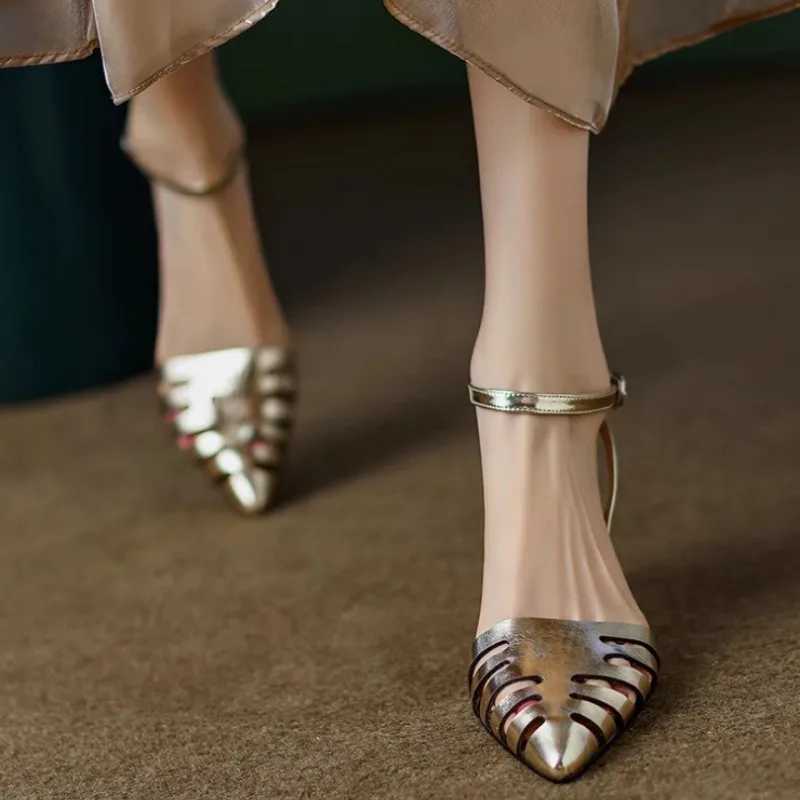 High Quality Black pointed toe sandals summer new womens niche design womens one-word hollow Roman high heels womens shoes T241227