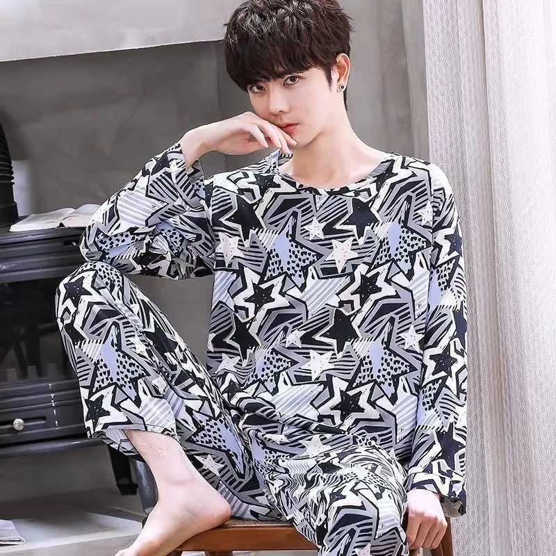 2Pcs/set mens long-s long-sleeved trousers pajamas autumn and winter large size teenagers home clothing round neck striped riveXJ241227